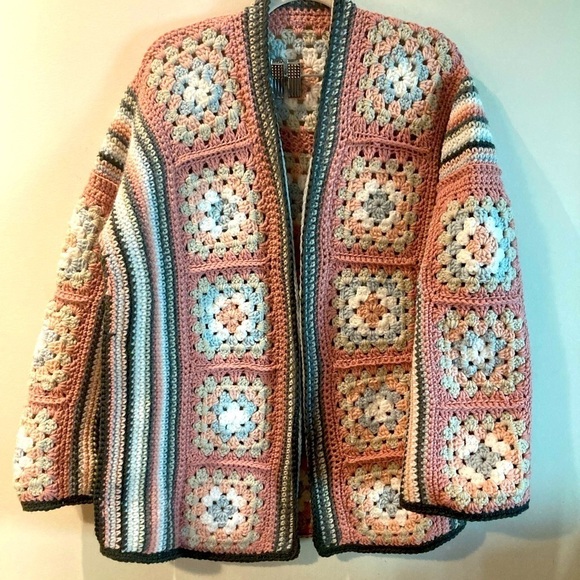 Handmade Sweaters - HANDMADE Sz L-XL Granny Square Motif Oversized Open Front Cardigan